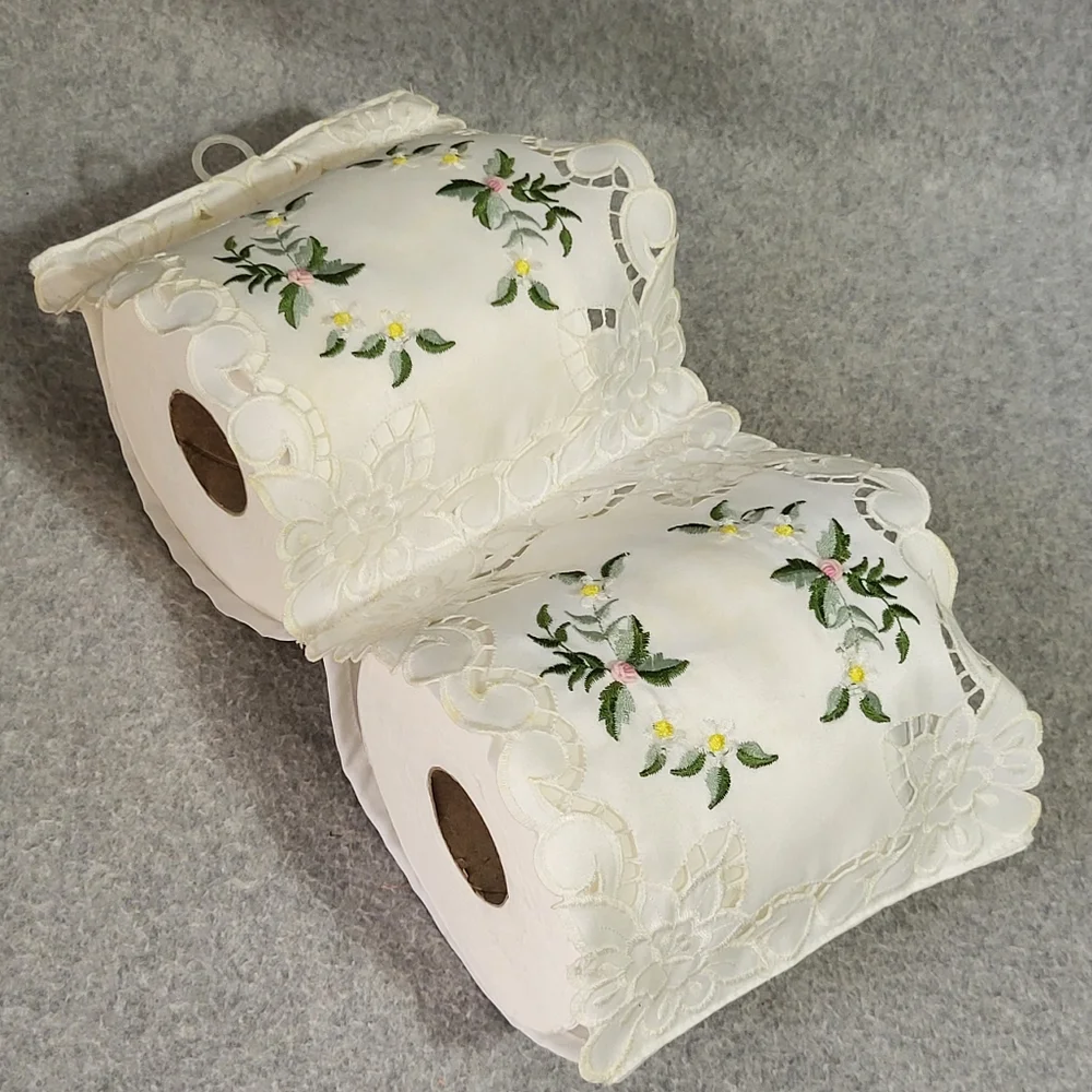 Vintage 2 Roll Fabric Toilet Paper Holder Ivory Cutwork Lace Embroidery Romantic